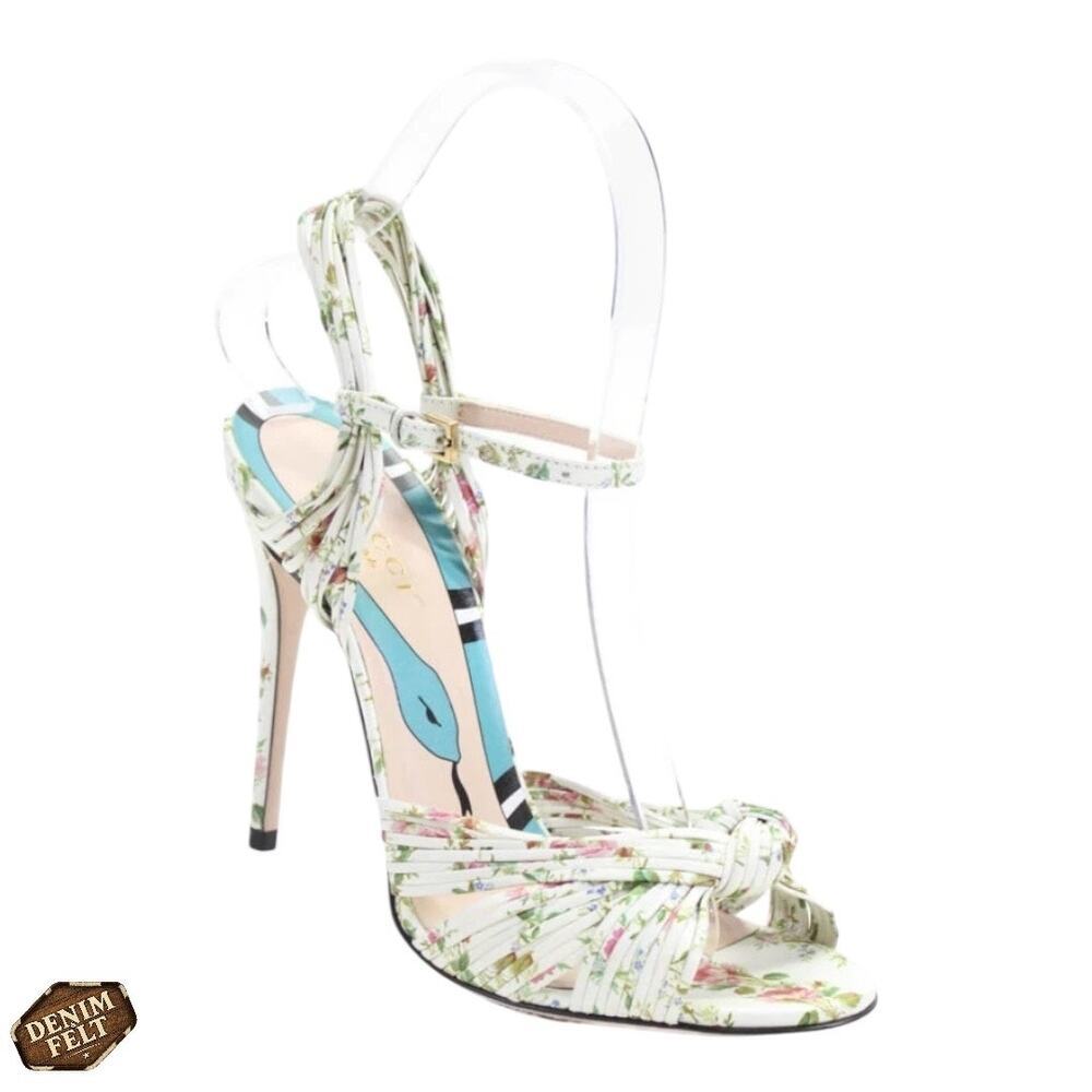 NEW Gucci Knotted Ivory Floral Leather Heels Size 35.5 Wedding Strappy Sandals - Picture 3 of 13